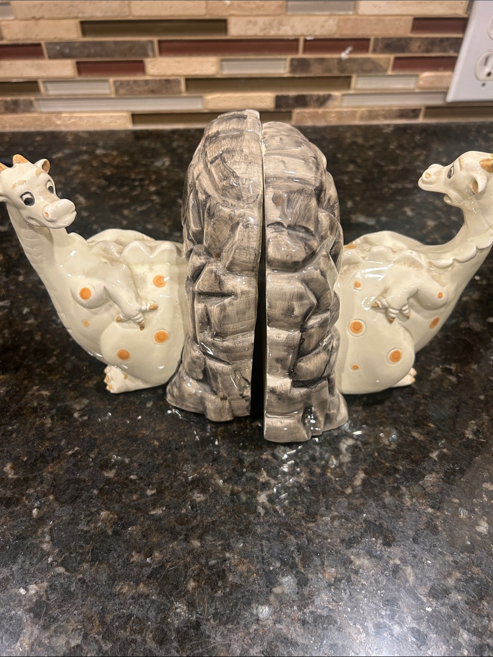 Decorative Cream Ceramic dragon Bookends with Gray Stone Accent